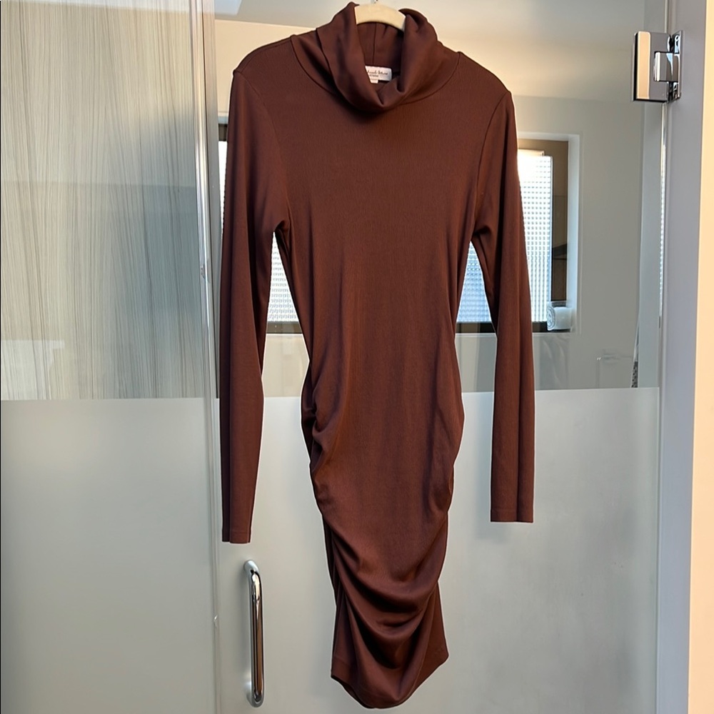 Michael Stars Brown Ruched Cowl Neck Bodycon Dress